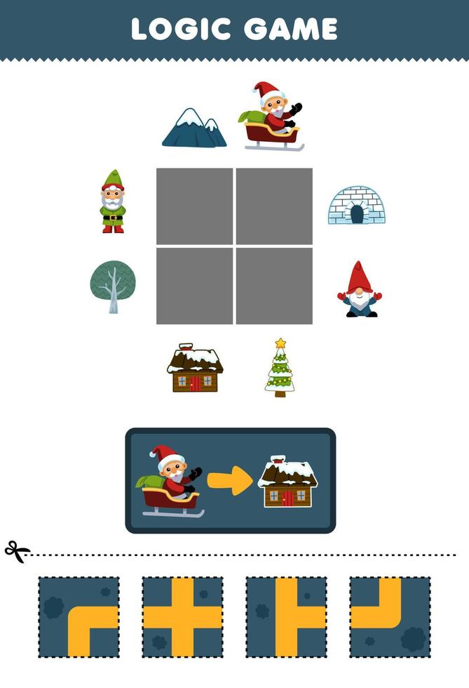 Lernspiel für Kinder Logikpuzzle Baue die Straße für den Weihnachtsmann Umzug zum Haus Druckbares Winterarbeitsblatt vektor