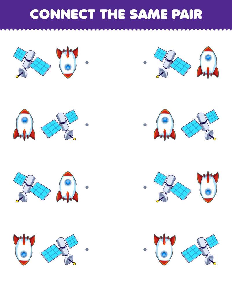 Lernspiel für Kinder Verbinden Sie das gleiche Bild eines niedlichen Cartoon-Satelliten- und Raketenpaars zum Ausdrucken des Arbeitsblatts für das Sonnensystem vektor