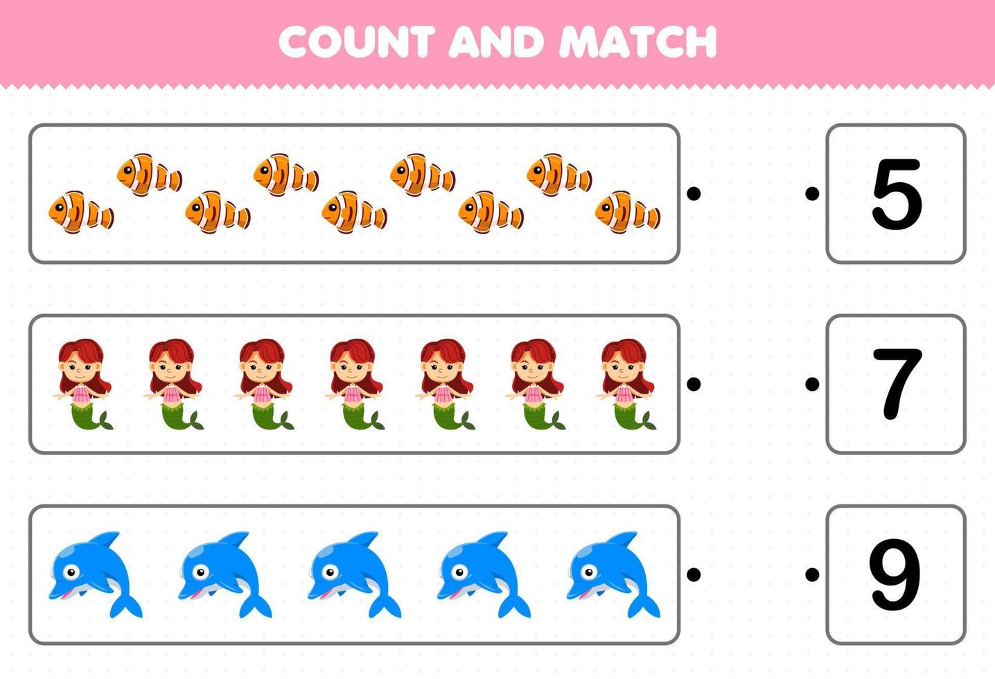 Bildungsspiel für Kinder Zählen Sie die Anzahl der niedlichen Cartoon-Fisch-Meerjungfrau-Delphin und passen Sie sie mit den richtigen Zahlen zum druckbaren Unterwasser-Arbeitsblatt an vektor