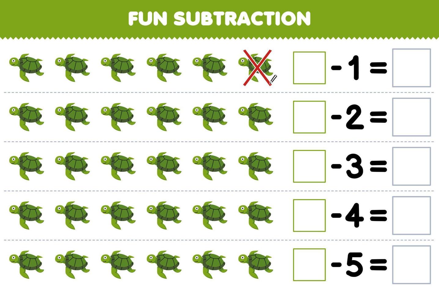 utbildning spel för barn roligt subtraktion förbi räkning söt tecknad serie sköldpadda i varje rad och eliminera den tryckbar under vattnet kalkylblad vektor