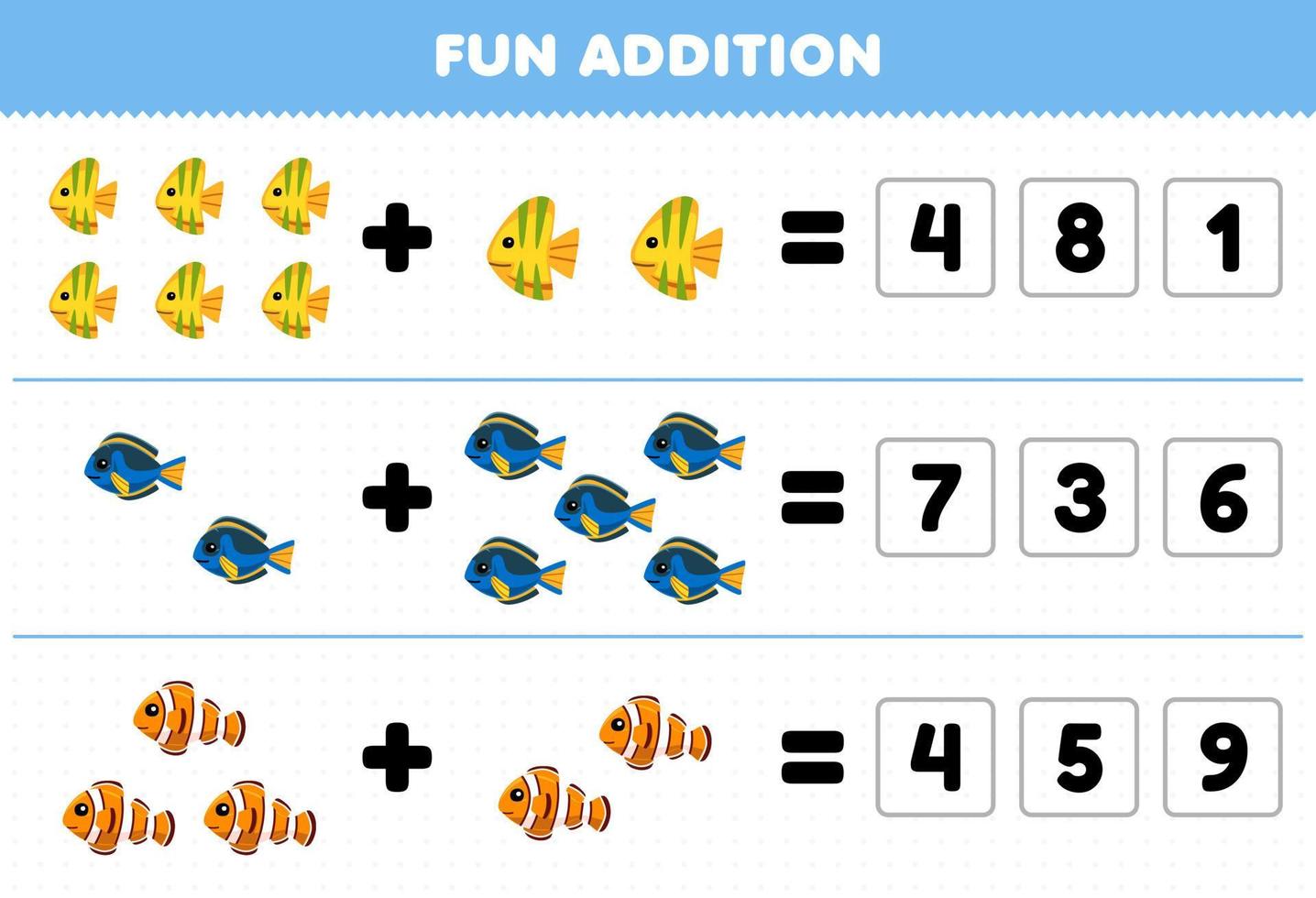 Lernspiel für Kinder Spaß Addition durch Erraten der richtigen Anzahl von niedlichen Cartoon-Fischen druckbares Unterwasser-Arbeitsblatt vektor