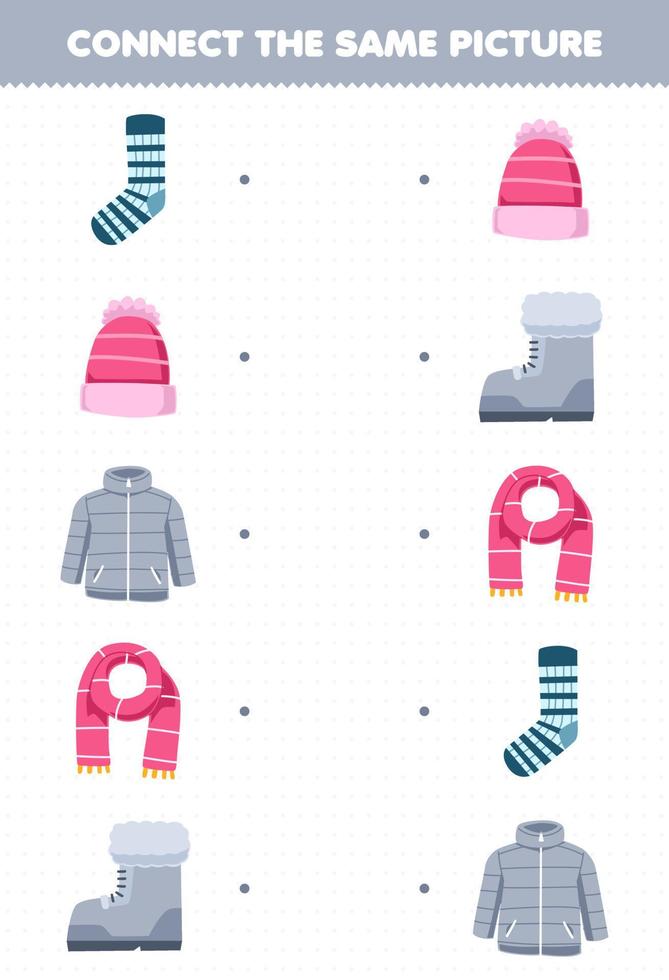 Bildungsspiel für Kinder Verbinden Sie das gleiche Bild des niedlichen Cartoon-Sockenmütze-Mantel-Schal-Stiefel-druckbaren Winterarbeitsblatts vektor