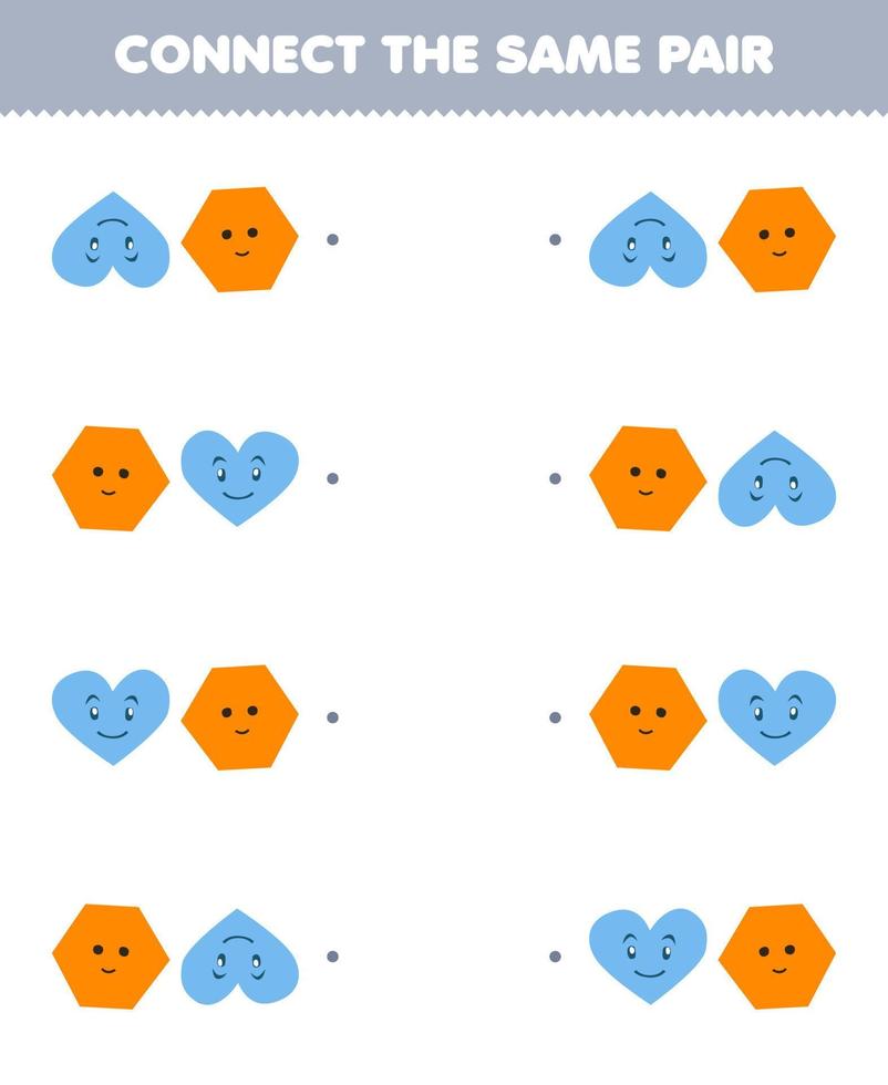 utbildning spel för barn ansluta de samma bild av söt tecknad serie hjärta och sexhörning par tryckbar geometrisk form kalkylblad vektor