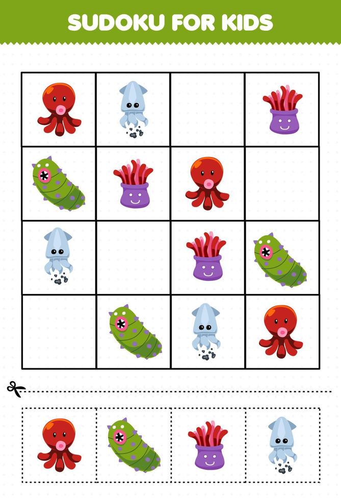 utbildning spel för barn sudoku för barn med söt tecknad serie bläckfisk bläckfisk anemon hav gurka tryckbar under vattnet kalkylblad vektor