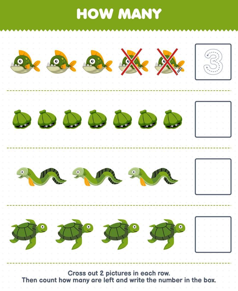 utbildning spel för barn räkna på vilket sätt många söt tecknad serie piranha skal ål sköldpadda och skriva de siffra i de låda tryckbar under vattnet kalkylblad vektor