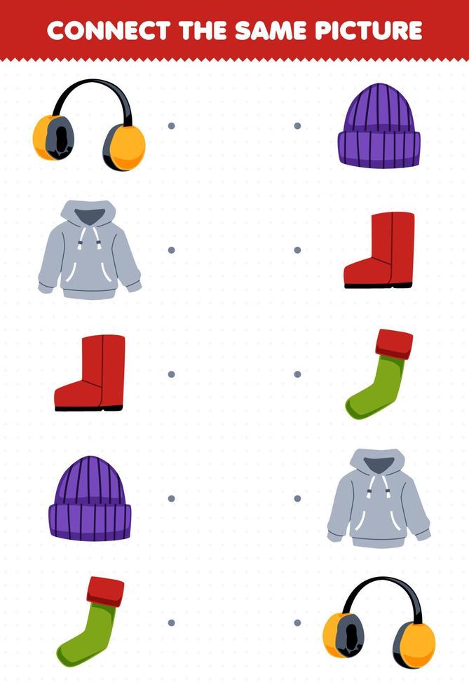 Bildungsspiel für Kinder Verbinden Sie das gleiche Bild des niedlichen Cartoon-Ohrenschützers, Hoodie, Stiefel, Hut, Socke, druckbares Winterarbeitsblatt vektor