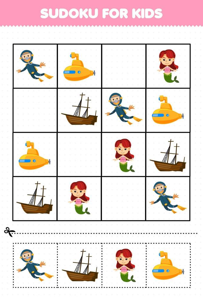 Lernspiel für Kinder Sudoku für Kinder mit niedlichem Cartoon-Taucher, zerstörtes Schiff, Meerjungfrau, U-Boot, druckbares Unterwasser-Arbeitsblatt vektor