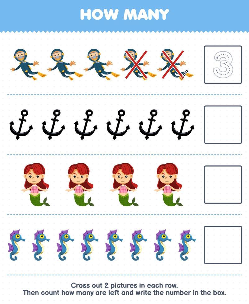 utbildning spel för barn räkna på vilket sätt många söt tecknad serie dykare ankare sjöjungfru sjöhäst och skriva de siffra i de låda tryckbar under vattnet kalkylblad vektor