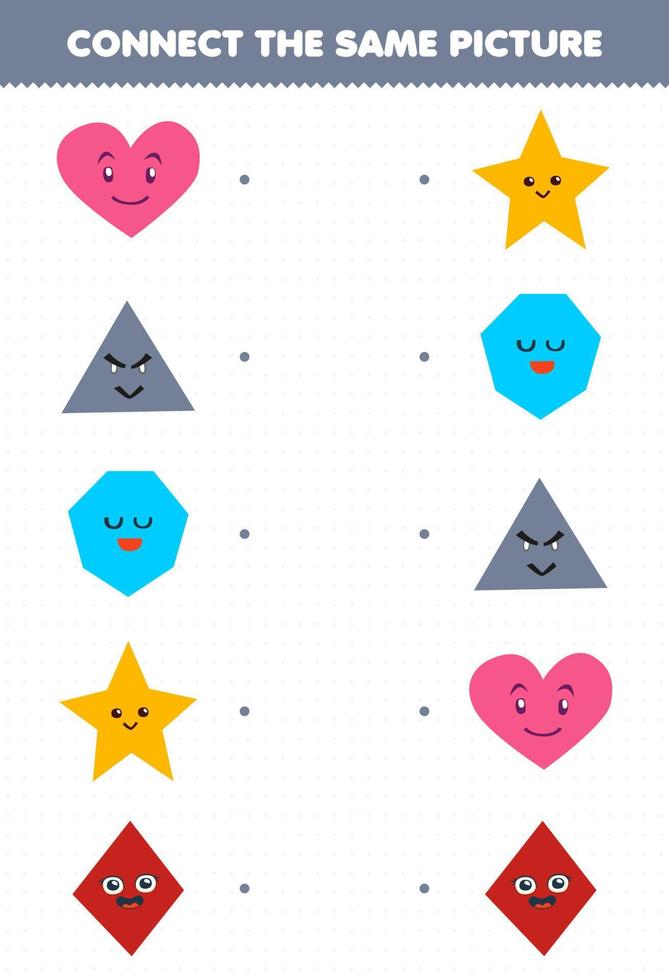 bildungsspiel für kinder verbinden das gleiche bild des niedlichen cartoon-herzdreiecks siebeneck stern rhombus druckbares arbeitsblatt für geometrische form vektor