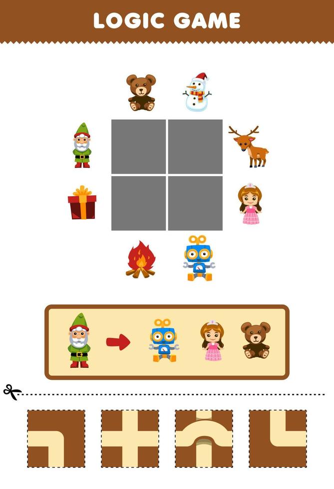 utbildning spel för barn logik pussel bygga de väg för gnome flytta till robot docka och teddy Björn tryckbar vinter- kalkylblad vektor