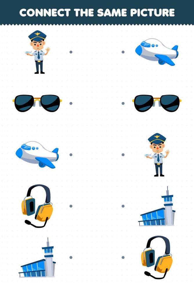 utbildning spel för barn ansluta de samma bild av söt tecknad serie pilot uppsättning tryckbar yrke kalkylblad vektor