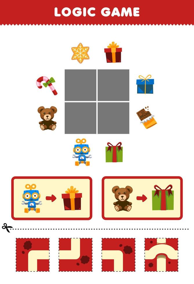 Lernspiel für Kinder Logikpuzzle Baue die Straße für Roboter und Teddybär Umzug in Geschenkbox Druckbares Winterarbeitsblatt vektor