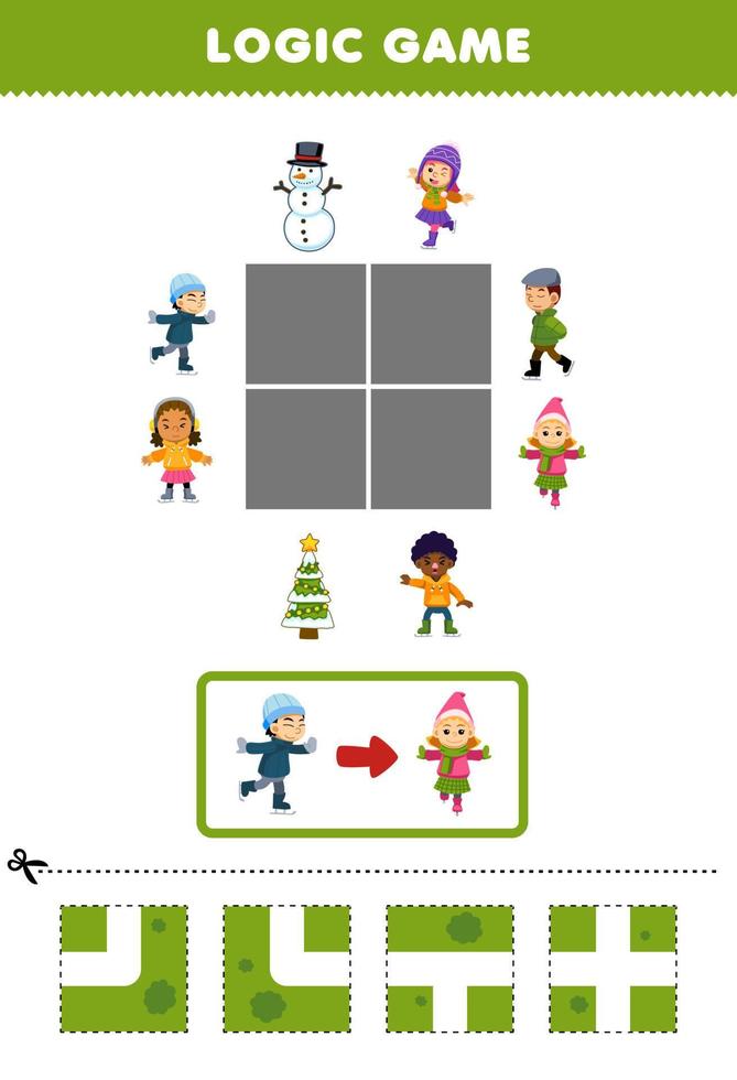utbildning spel för barn logik pussel bygga de väg för pojke flytta till flicka spelar is skridskoåkning tryckbar vinter- kalkylblad vektor
