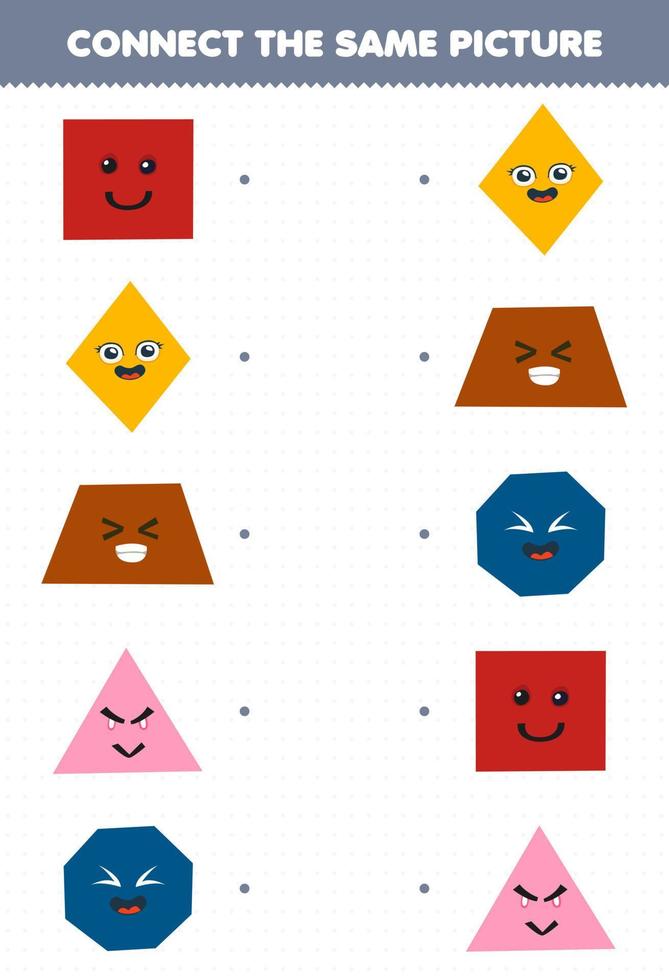 bildungsspiel für kinder verbinden das gleiche bild des niedlichen cartoon-karikaturquadrats rhombus trapez dreieck achteck druckbares arbeitsblatt für geometrische form vektor