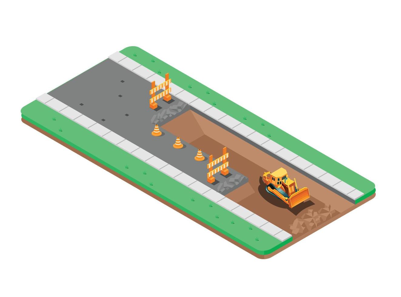 isometrische illustration der reparatur der asphaltstraße mit straßenbauschildern. vektorisometrische illustration, geeignet für diagramme, infografiken und andere grafische elemente vektor