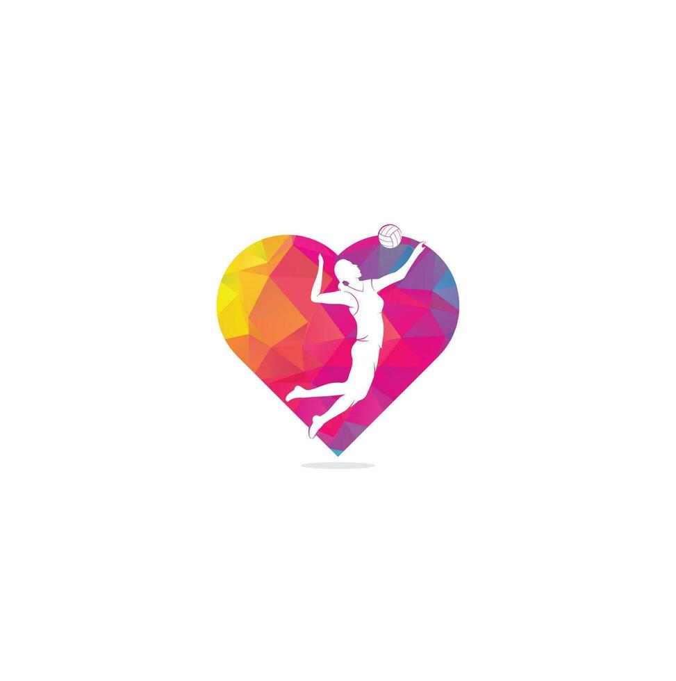 weibliche Volleyballspielerin Herzform Konzept logo.abstract Volleyballspielerin springt von einem Spritzer. Volleyballspieler, der Ball serviert. vektor