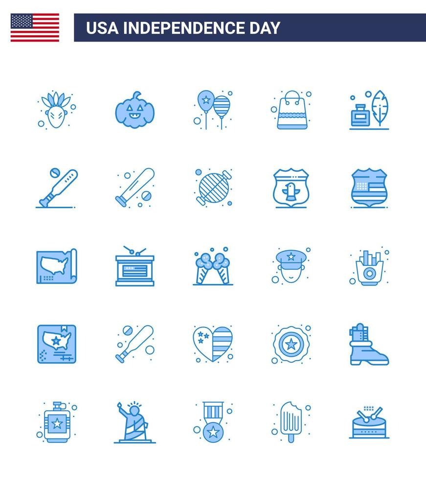 glücklicher unabhängigkeitstag 4. juli satz von 25 blauen amerikanischen piktogrammen der tintenflasche adobe day shop geld editierbare usa day vektor design elemente