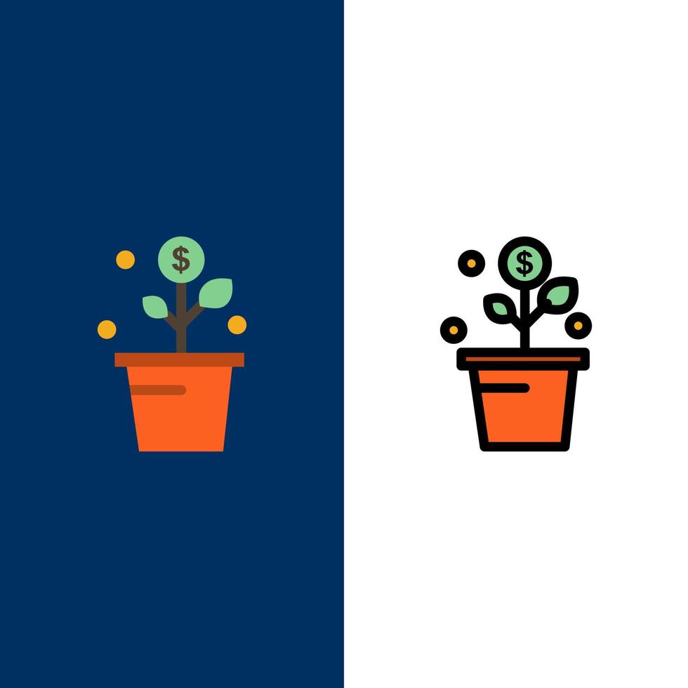 Wachsendes Geld Erfolg Topfpflanze Symbole flach und Linie gefüllt Icon Set Vektor blauen Hintergrund