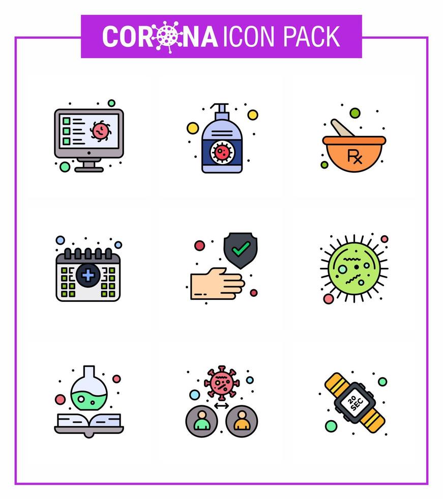 9 gefüllte Linien flache Farbe Virusvirus Corona Icon Pack wie Zeitkalender Handtermin Mischen von viralen Coronavirus 2019nov Krankheitsvektordesignelementen vektor