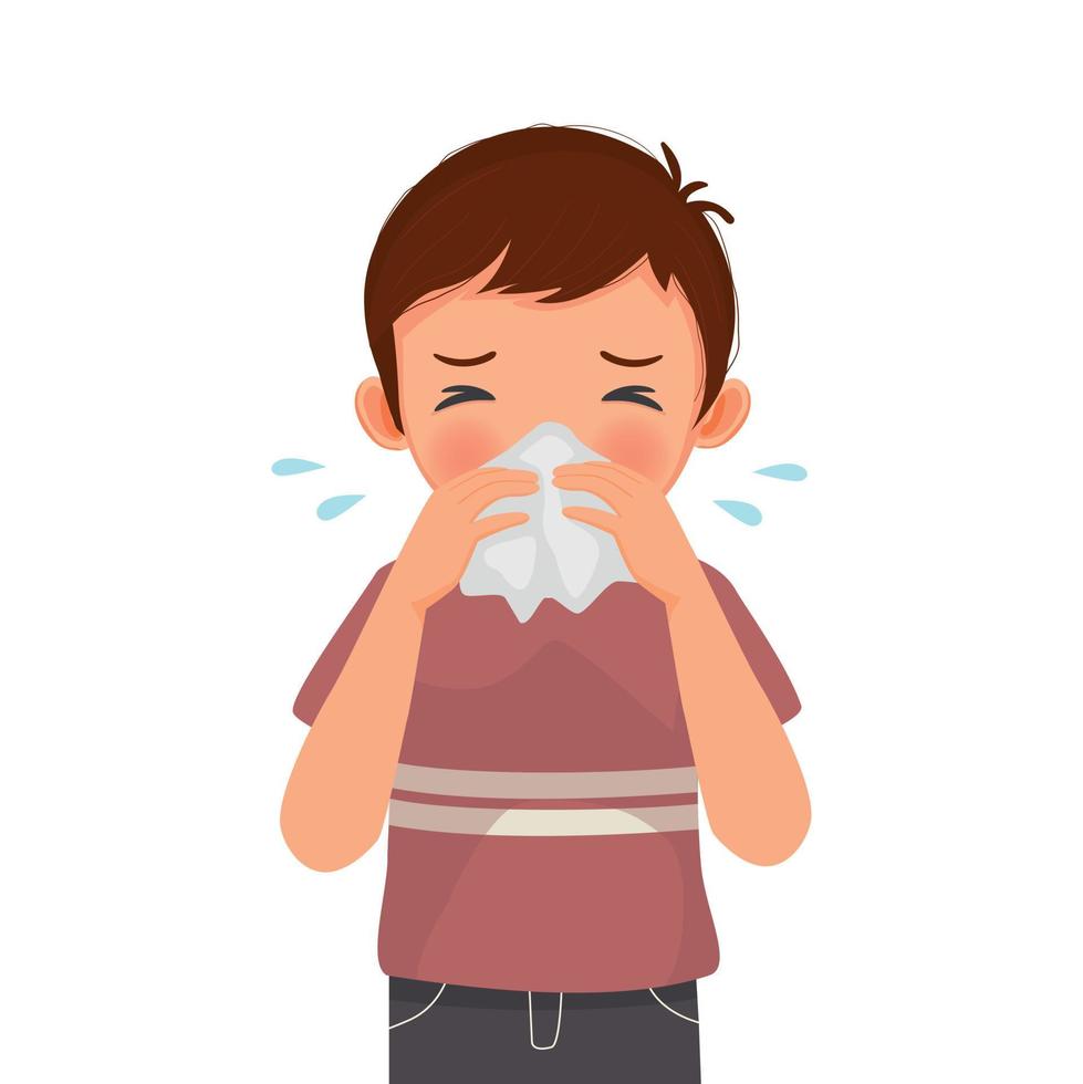 söt liten pojke nysning med influensa och kall allergisk symptom blåser näsa in i vävnad papper vektor