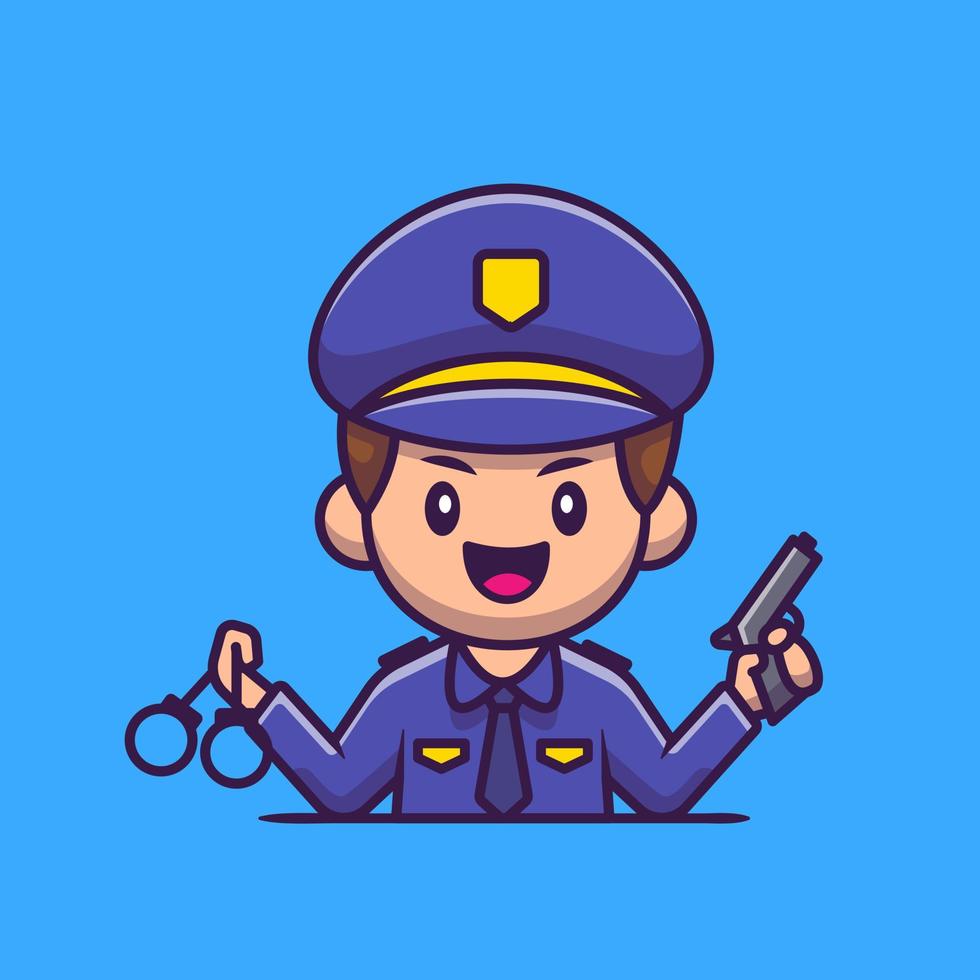 polizei mit handschellen und waffenkarikaturvektorsymbolillustration. Menschen Beruf Symbol Konzept isoliert Premium-Vektor. flacher Cartoon-Stil vektor