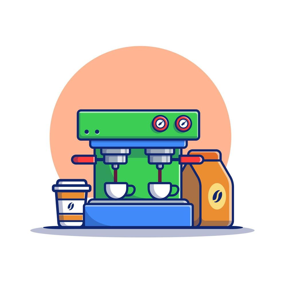 kaffeemaschine espresso, becher, tasse und kaffeepackung cartoon vektor symbol illustration. kaffeemaschinen-symbol-konzept isolierter premium-vektor. flacher Cartoon-Stil