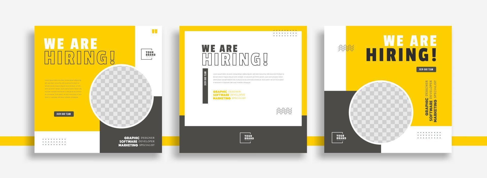 Wir stellen eine Designvorlage für Stellenangebote in sozialen Medien für Postbanner mit gelber Farbe ein. Wir stellen ein quadratisches Web-Banner-Design für Stellenangebote ein. vektor