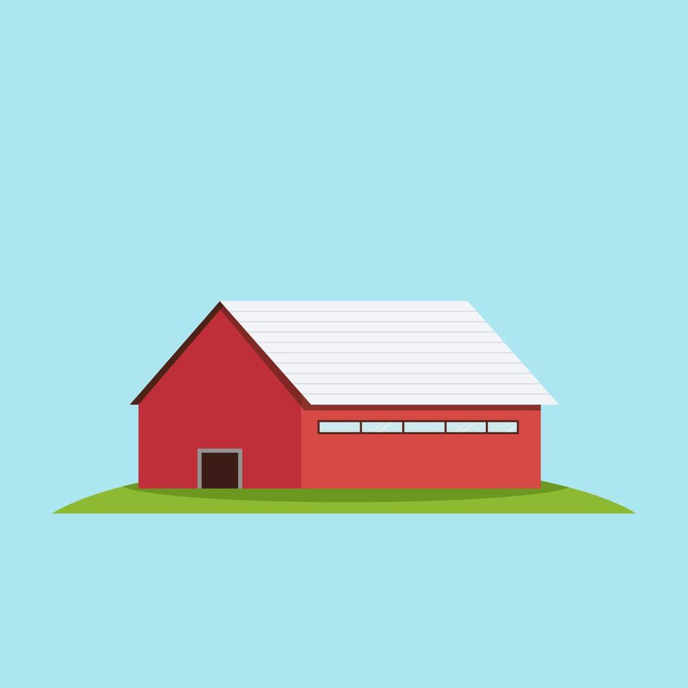 flache Scheune auf Gras mit blauem Hintergrund. Bauernhaus auf Hügel-Vektor-Illustration vektor