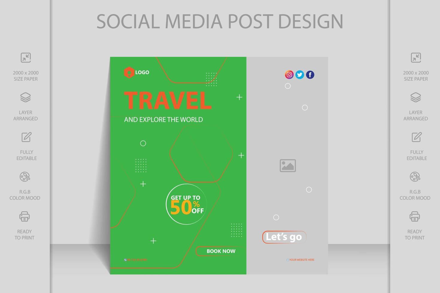 reise- und tourismus-instagram-beitragsvorlage. flaches design reisen urlaub urlaub social media post. vektor