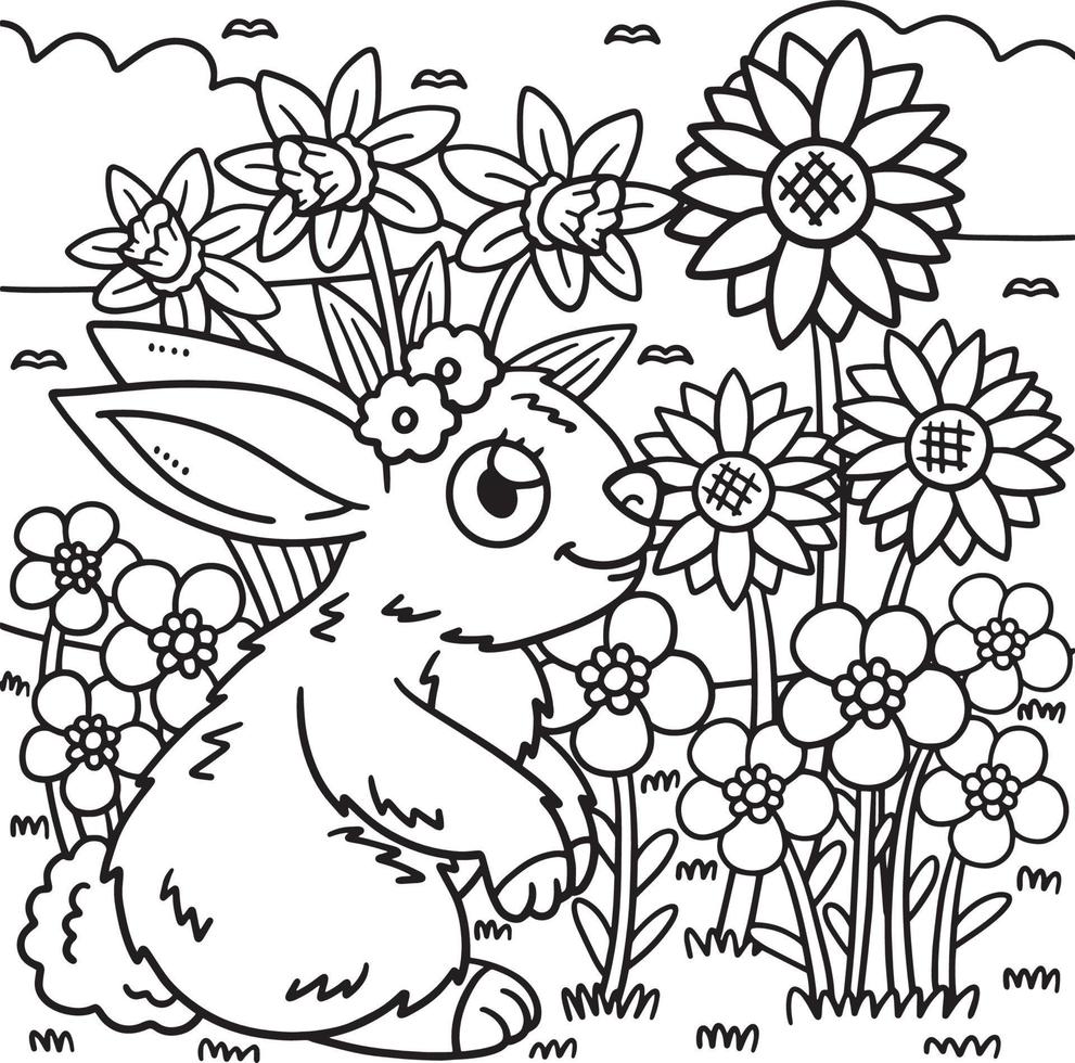 vår kanin och blommor färg sida för barn vektor
