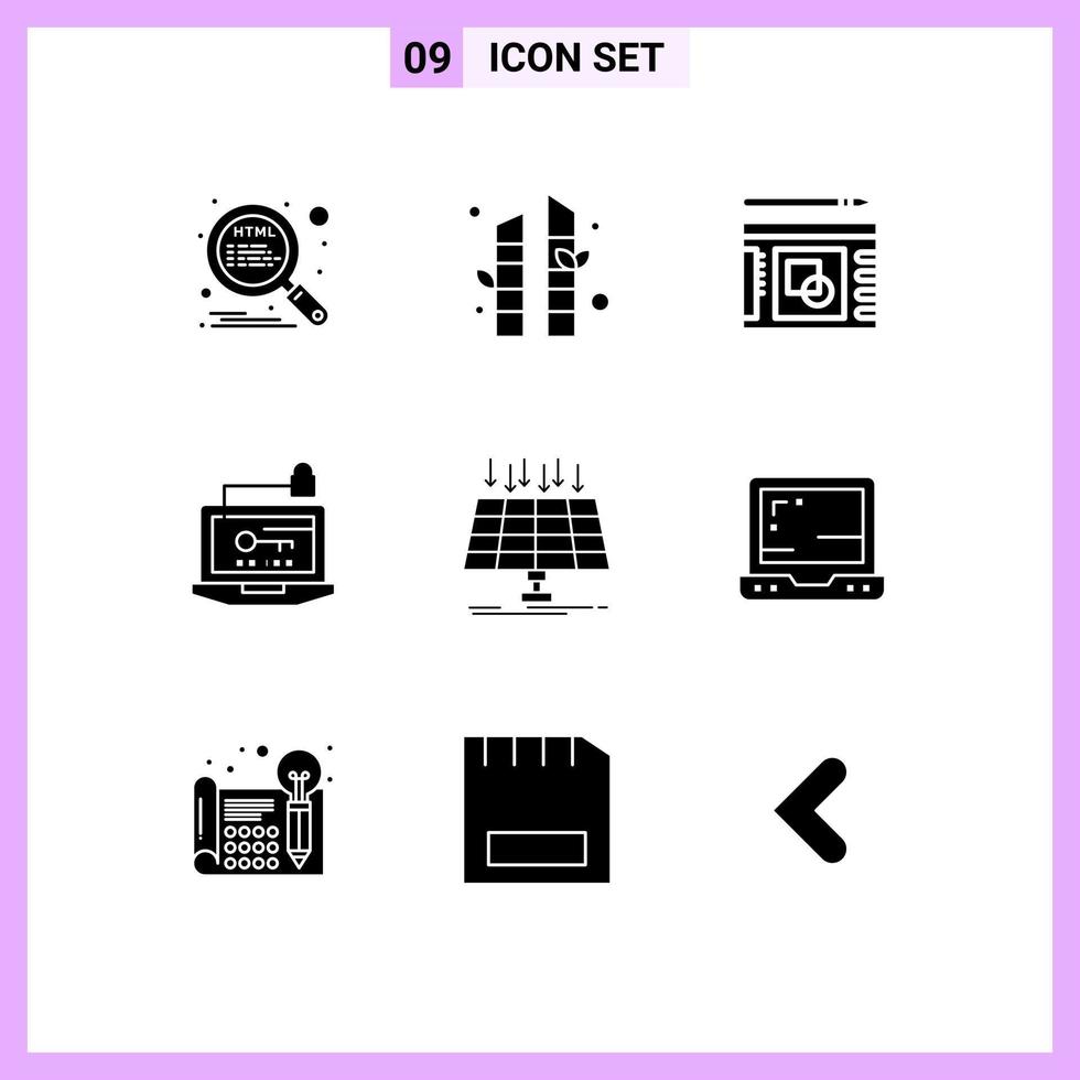 9 solides Glyphenpaket der Benutzeroberfläche mit modernen Zeichen und Symbolen des Panel-Laptop-Layouts Schlüsselelemente des computerbearbeitbaren Vektordesigns vektor