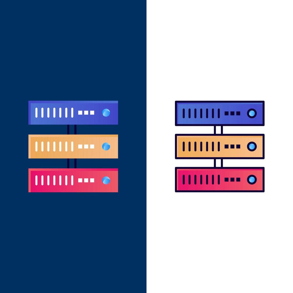 Computing-Datenspeicher-Netzwerk-Icons flach und Linie gefüllt Icon Set Vektor blauen Hintergrund