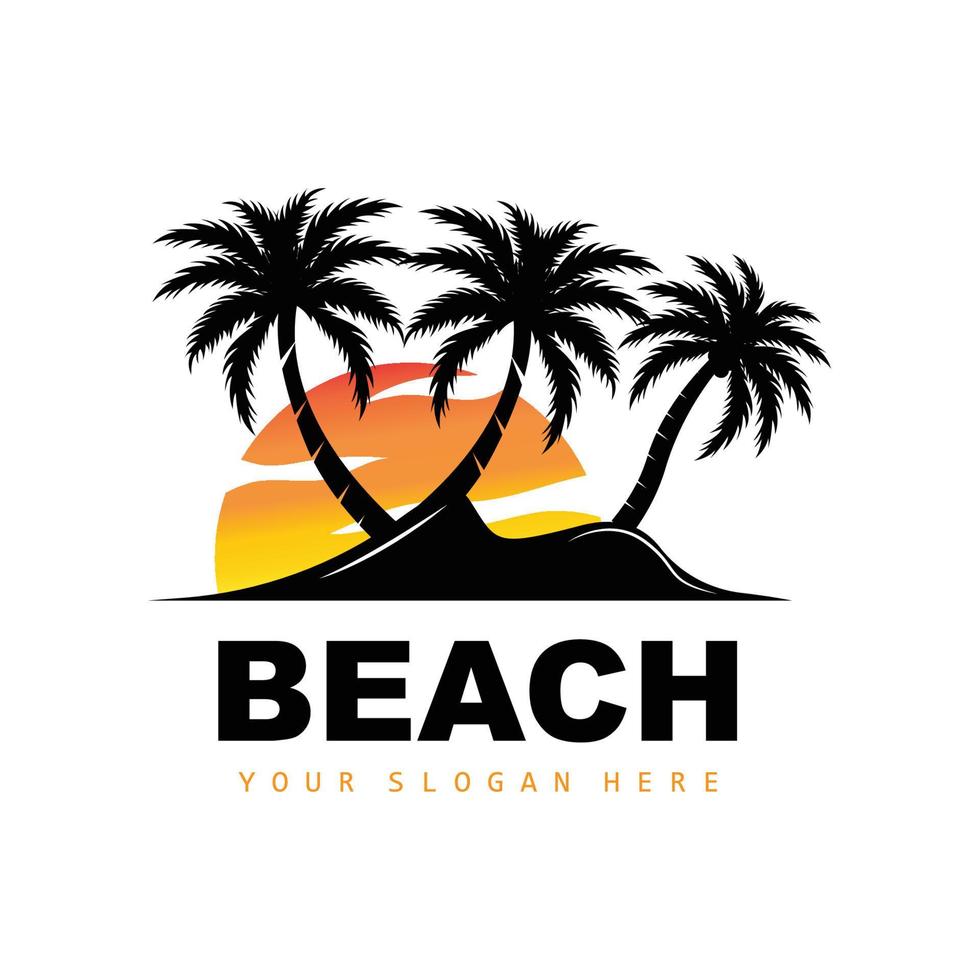 kokosnussbaum-logo mit strandatmosphäre, strandpflanzenvektor, sonnenuntergangsansichtsdesign vektor