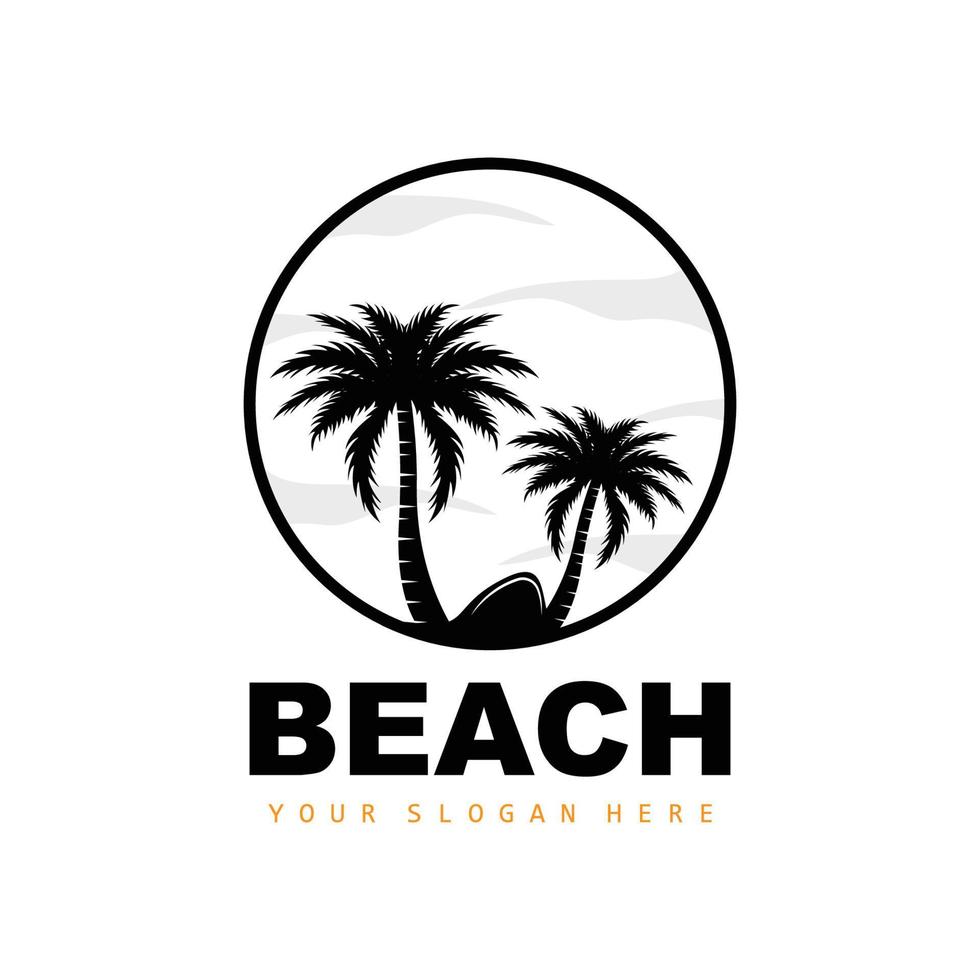 kokosnussbaum-logo mit strandatmosphäre, strandpflanzenvektor, sonnenuntergangsansichtsdesign vektor
