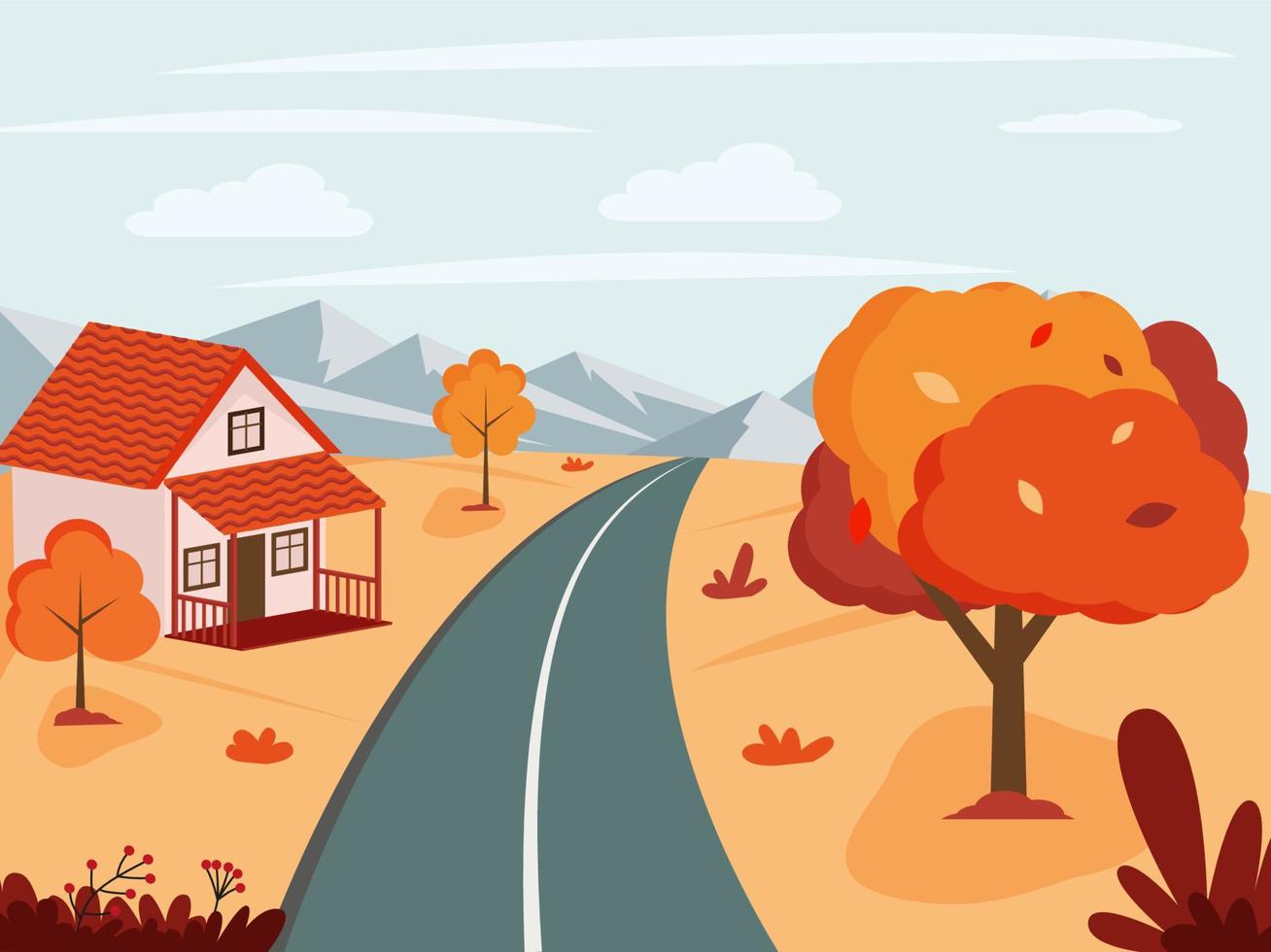 Herbstlandschaft mit einer Straße in die Berge. vektorillustration im flachen stil vektor