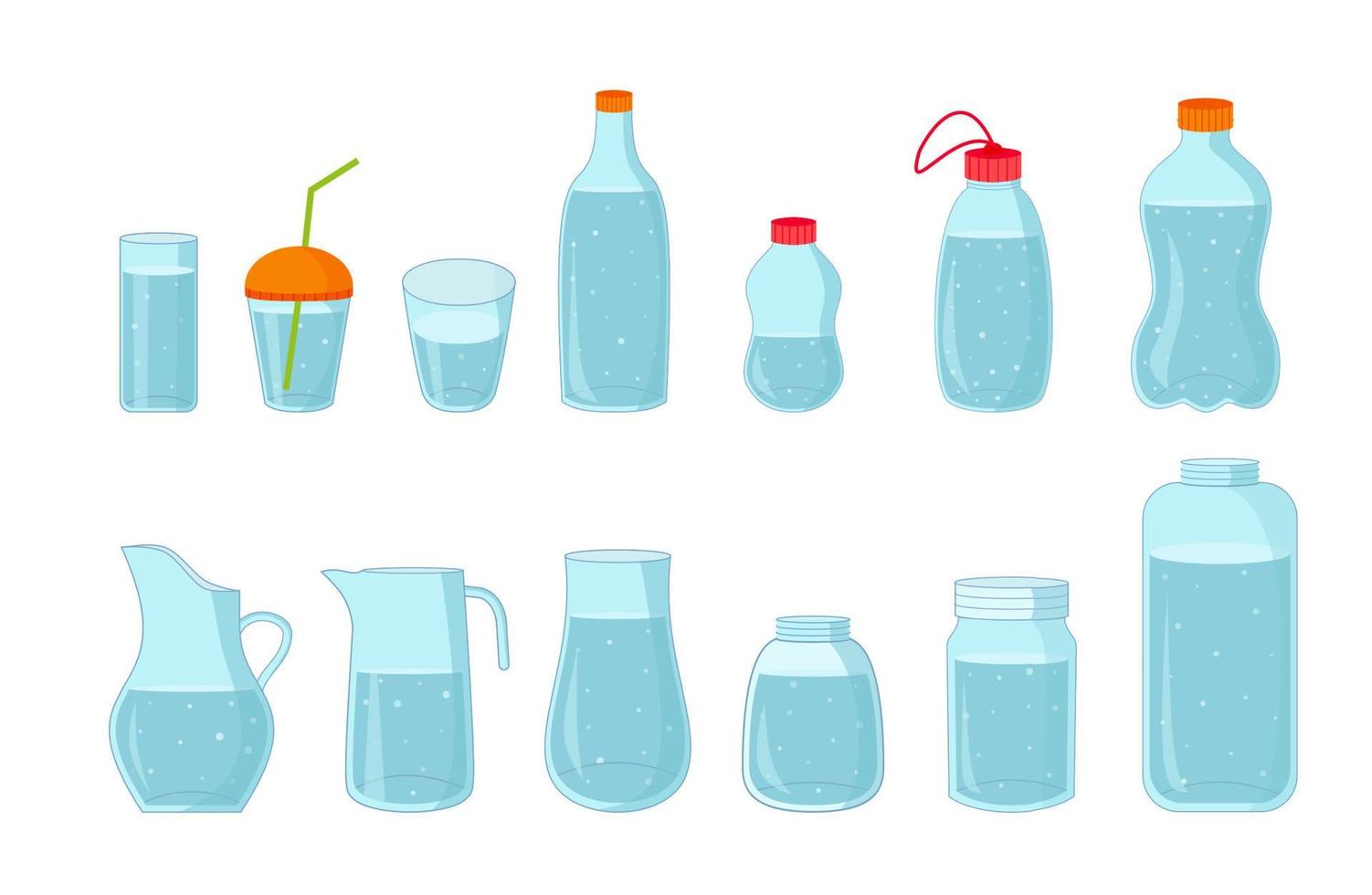 Set von Vektorflaschen und Gläsern mit Wasser. trinke mehr Wasser. Cartoon-Stil vektor
