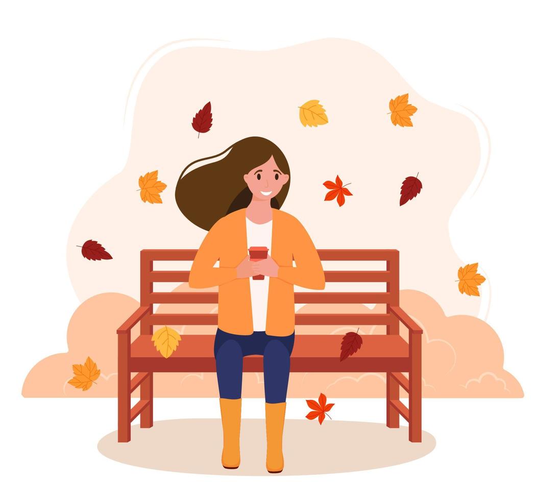 herbstliche Landschaft. das mädchen sitzt mit kaffee auf einer bank. Herbst Hintergrund. vektorillustration im flachen stil. vektor