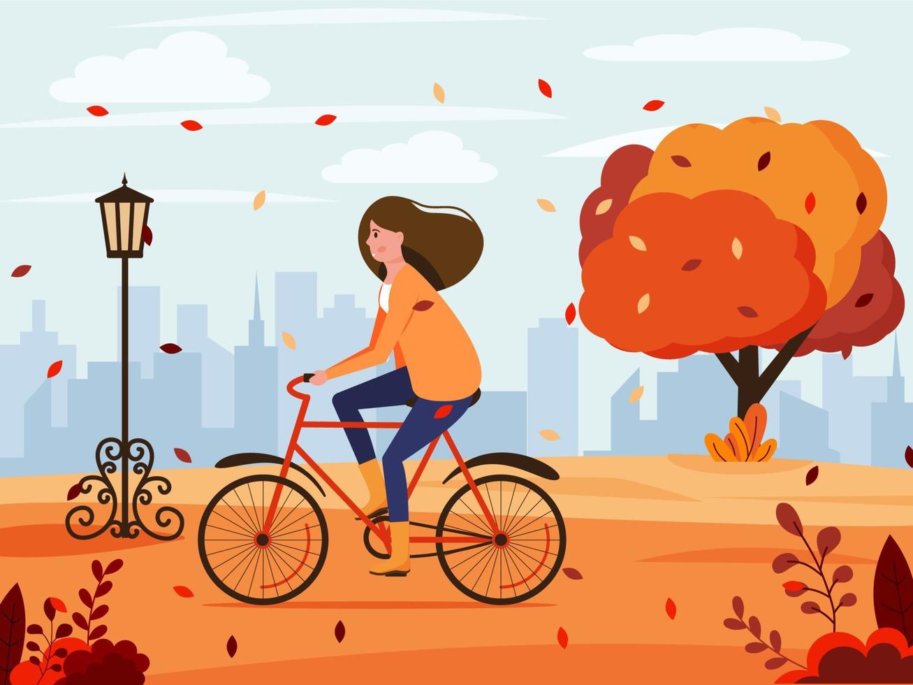 herbstliche Landschaft. Das Mädchen fährt Fahrrad. Herbst Hintergrund. vektorillustration im flachen stil. vektor