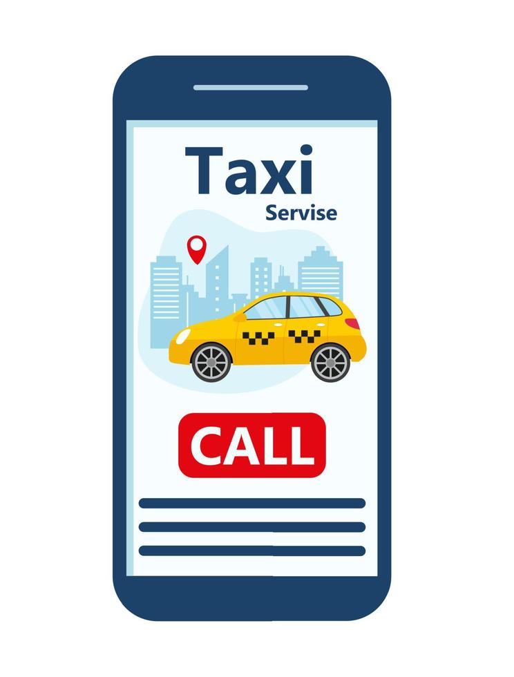 taxi mobil app mall. smartphone med stad gul bil. uppkopplad mobil Ansökan beställa taxi service. vektor illustration för taxi service