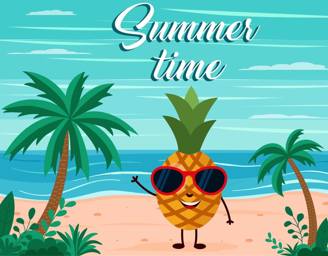 lustiger sommerstrandhintergrund mit ananasfruchtcharakter. Cartoon-Stil. Sommerzeit-Postkarte vektor