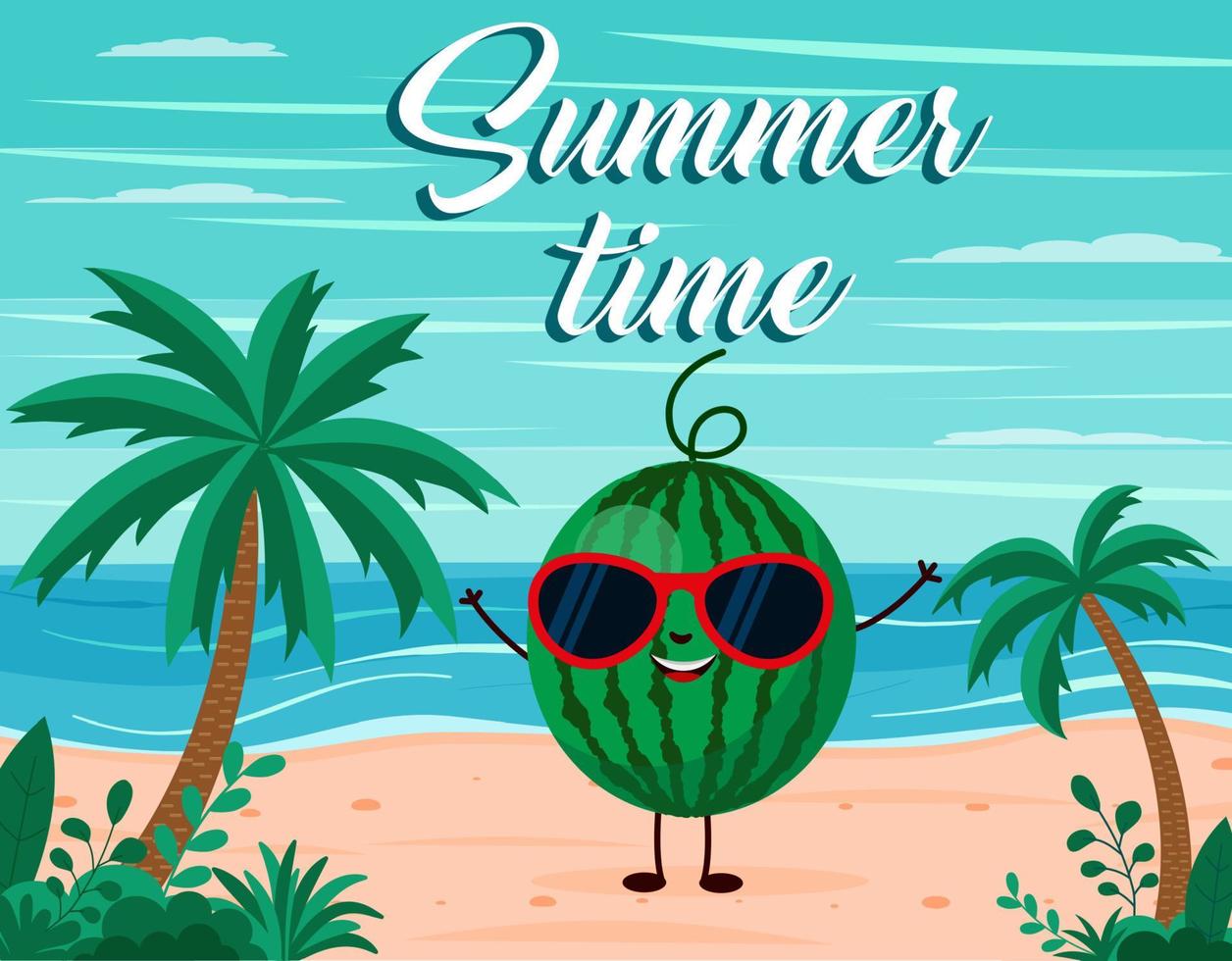 rolig sommar strand bakgrund med vattenmelon frukt karaktär. tecknad serie stil. sommar tid vykort vektor