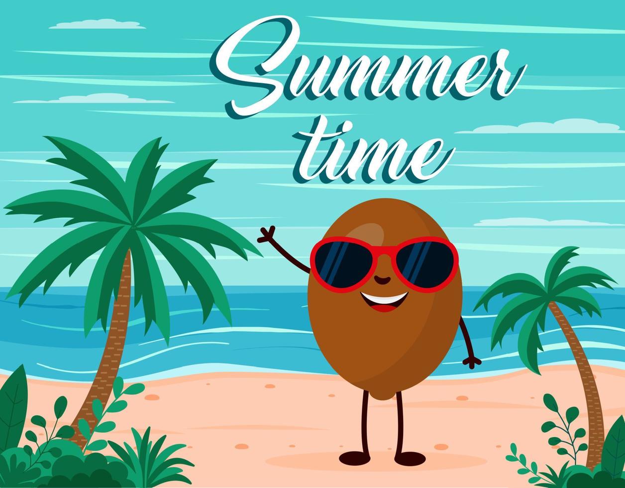 rolig sommar strand bakgrund med kiwi frukt karaktär. tecknad serie stil. sommar tid vykort vektor