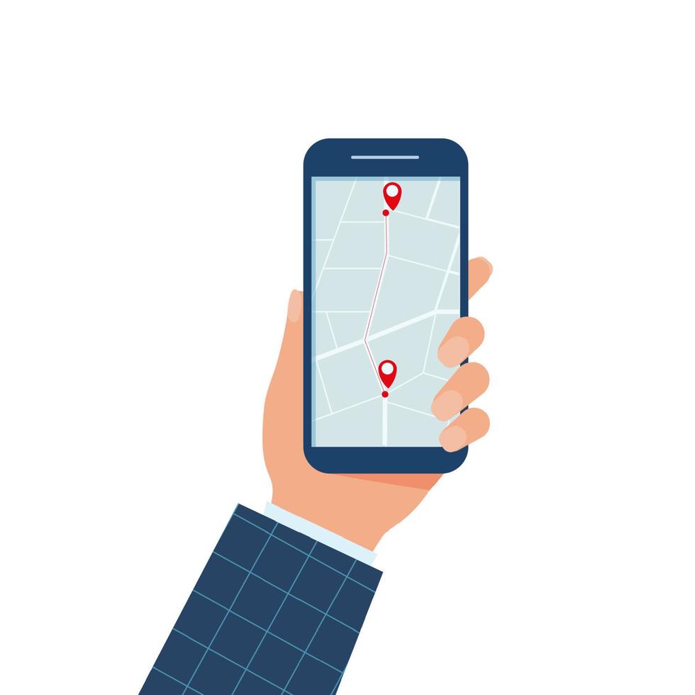 Die Hand des Mannes hält ein Smartphone mit einem Stadtplan-GPS-Navigator auf dem Smartphone-Bildschirm. mobiles navigationskonzept. modernes, einfaches flaches Design für Web-Banner, Web, Infografiken. flache karikaturillustration vektor