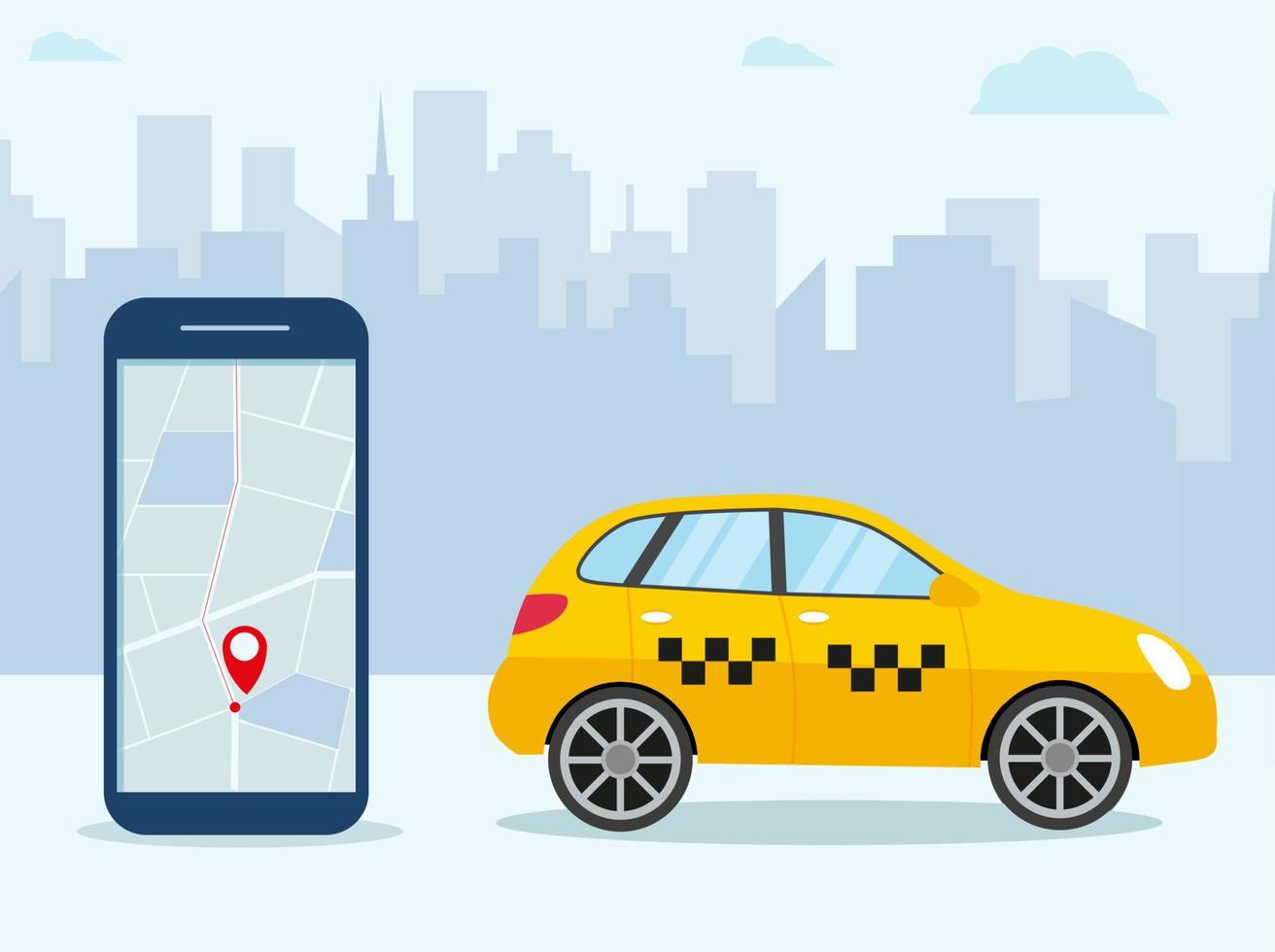 gelbes taxi. Hände mit Smartphone und Taxi-App in der Stadt. Taxi-Service-Konzept. vektorillustration im flachen stil vektor