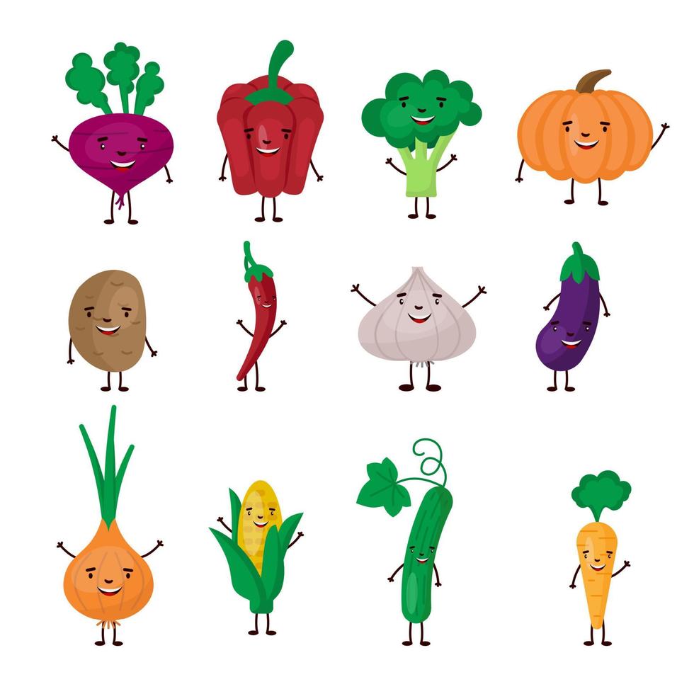 Vektor flache Illustration von fröhlichem Cartoon-Set von Gemüse isoliert auf weißem Hintergrund eps 10