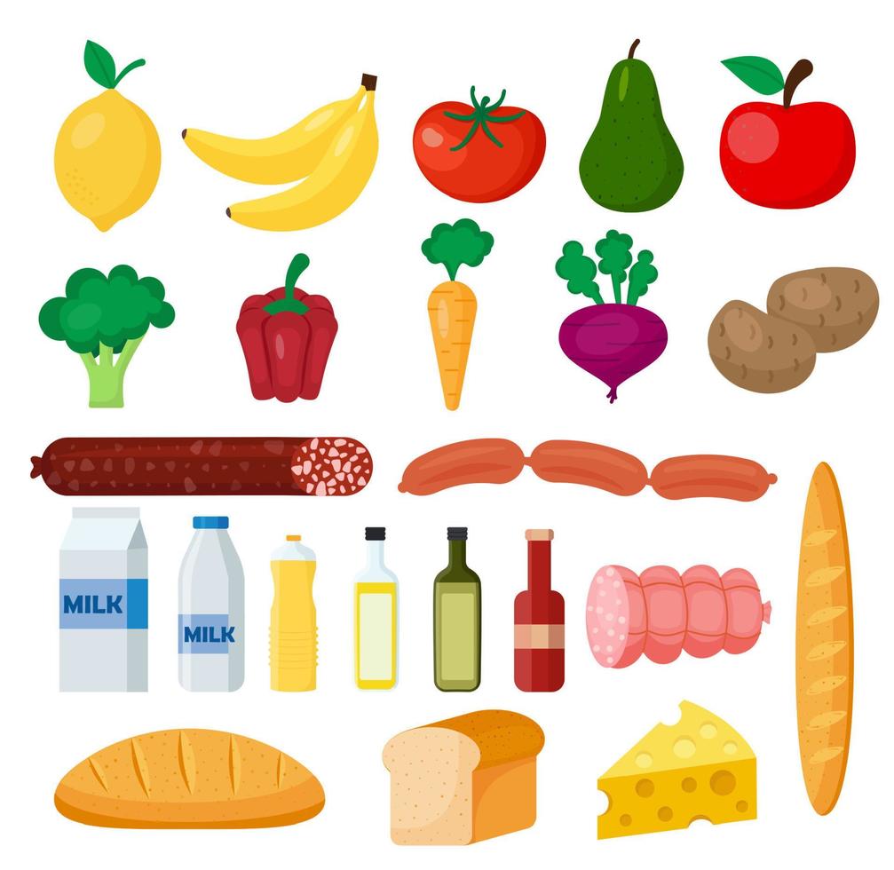 färsk matvaror uppsättning. mjölk, grönsaker, ost, korvar, vin, frukter, juice, bröd, olia vektor illustration, platt design.
