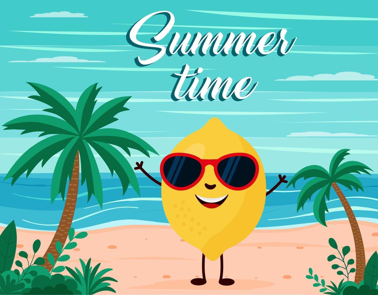 lustiger sommerstrandhintergrund mit zitronenfruchtcharakter. Cartoon-Stil vektor