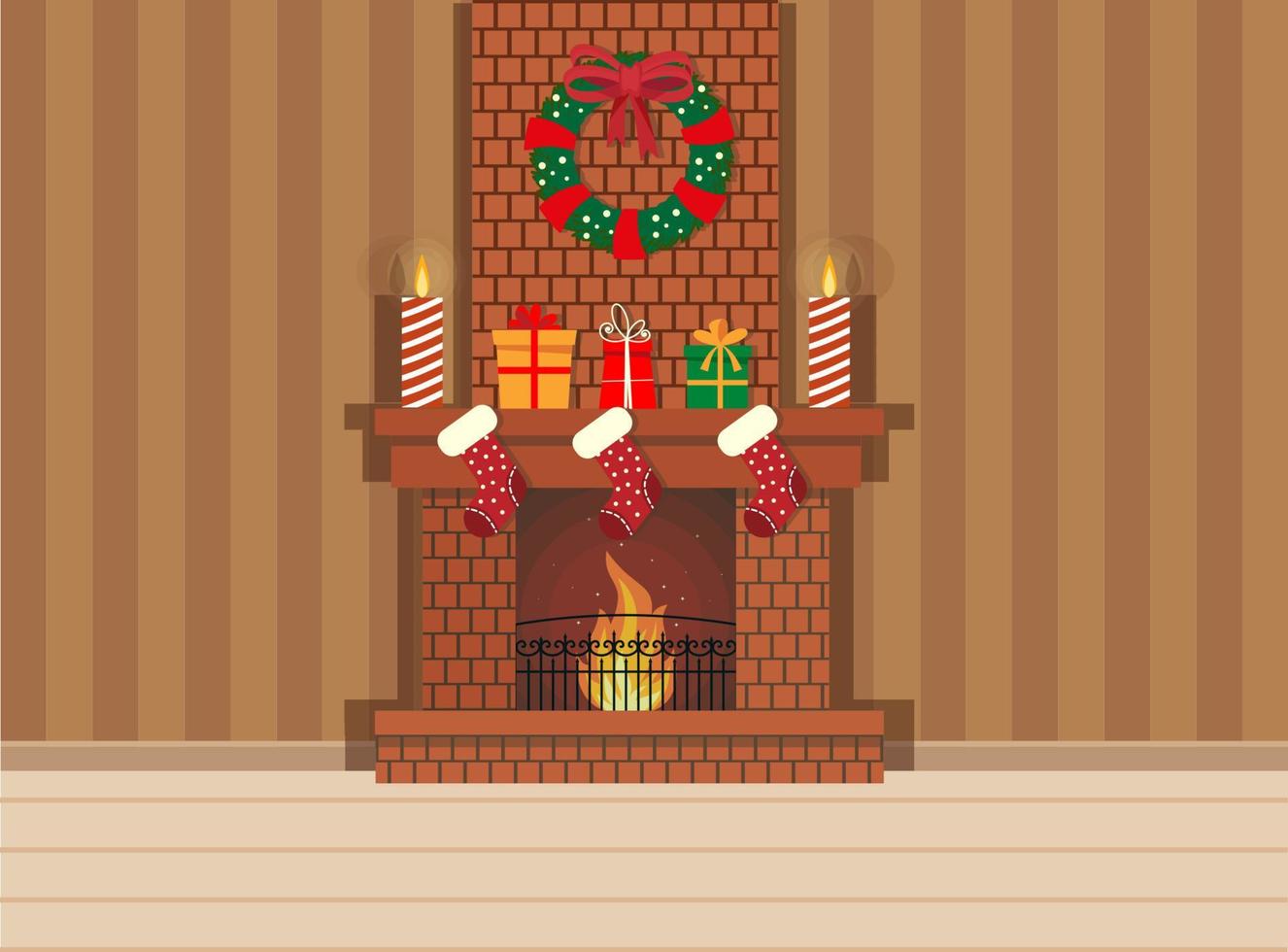 mysigt levande interiör jul med röd soffa, gåvor, och träd. vektor platt stil illustration.