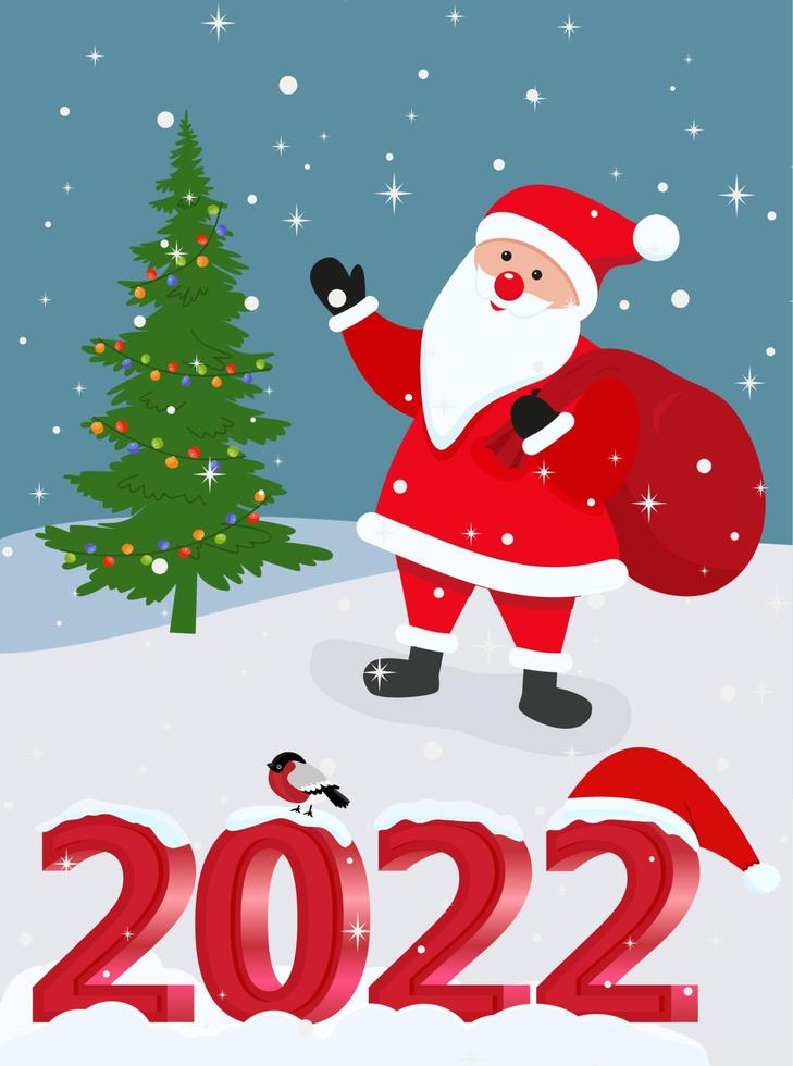 söt jul och ny år kort med santa claus och text 2022 vektor