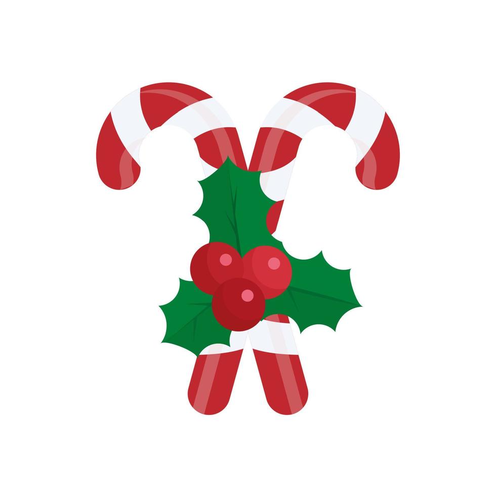 jul godis sockerrör med röd rosett och järnek bär isolerat på vit bakgrund. vektor